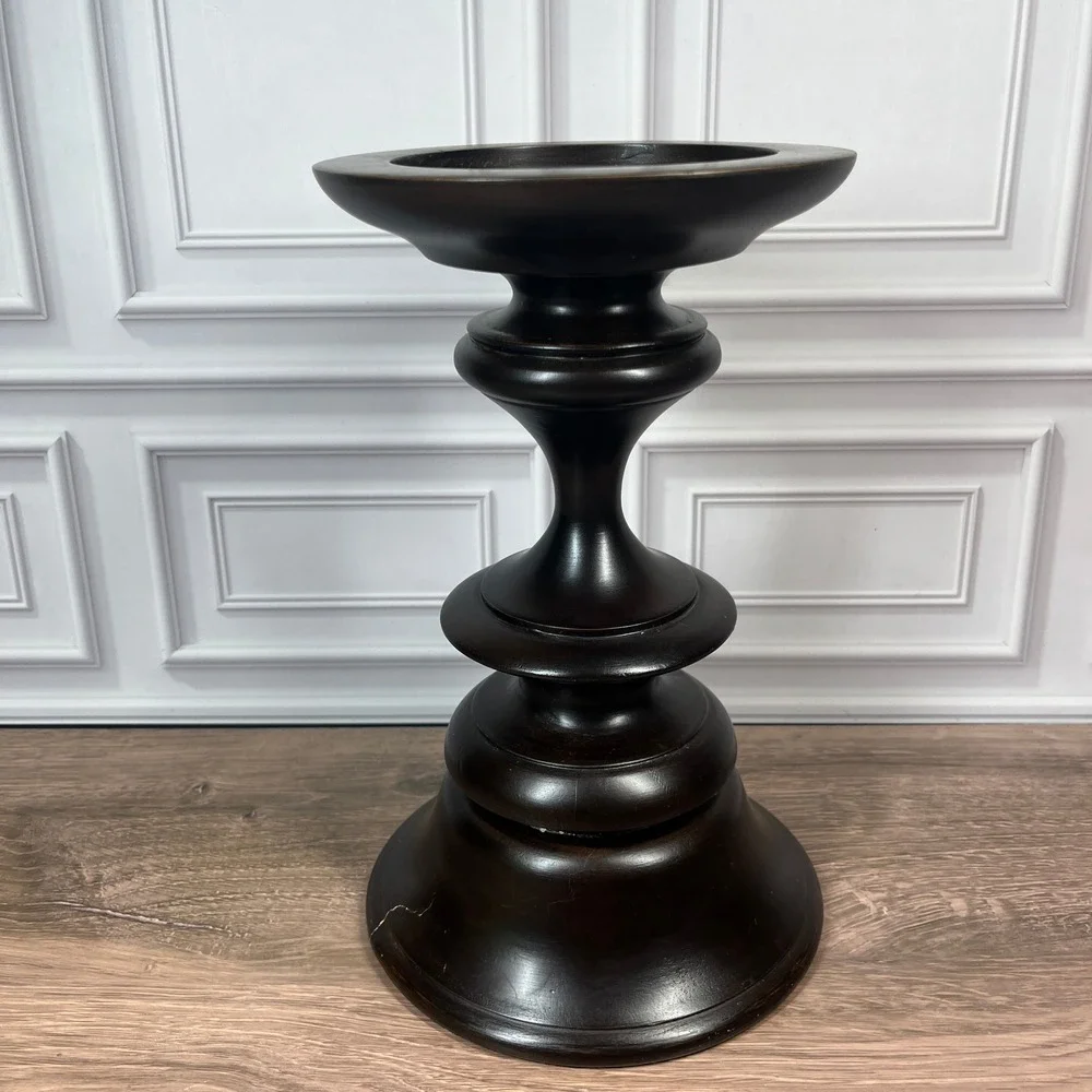 Pottery Barn Turned Wood Pillar Candle Holder Set 2 10in Dark Brown Espresso